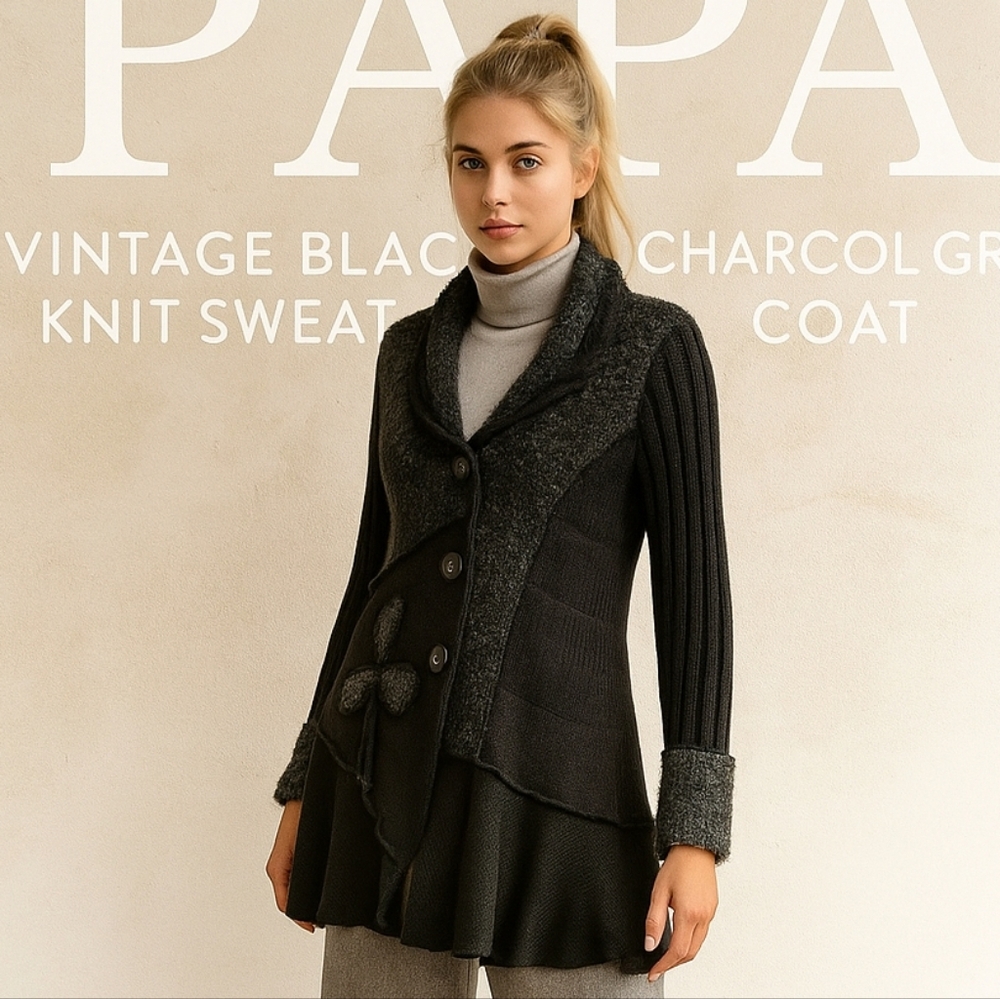 Vintage PAPA Knit Black/Grey Wool blend Cardigan Coat EUC Sz L